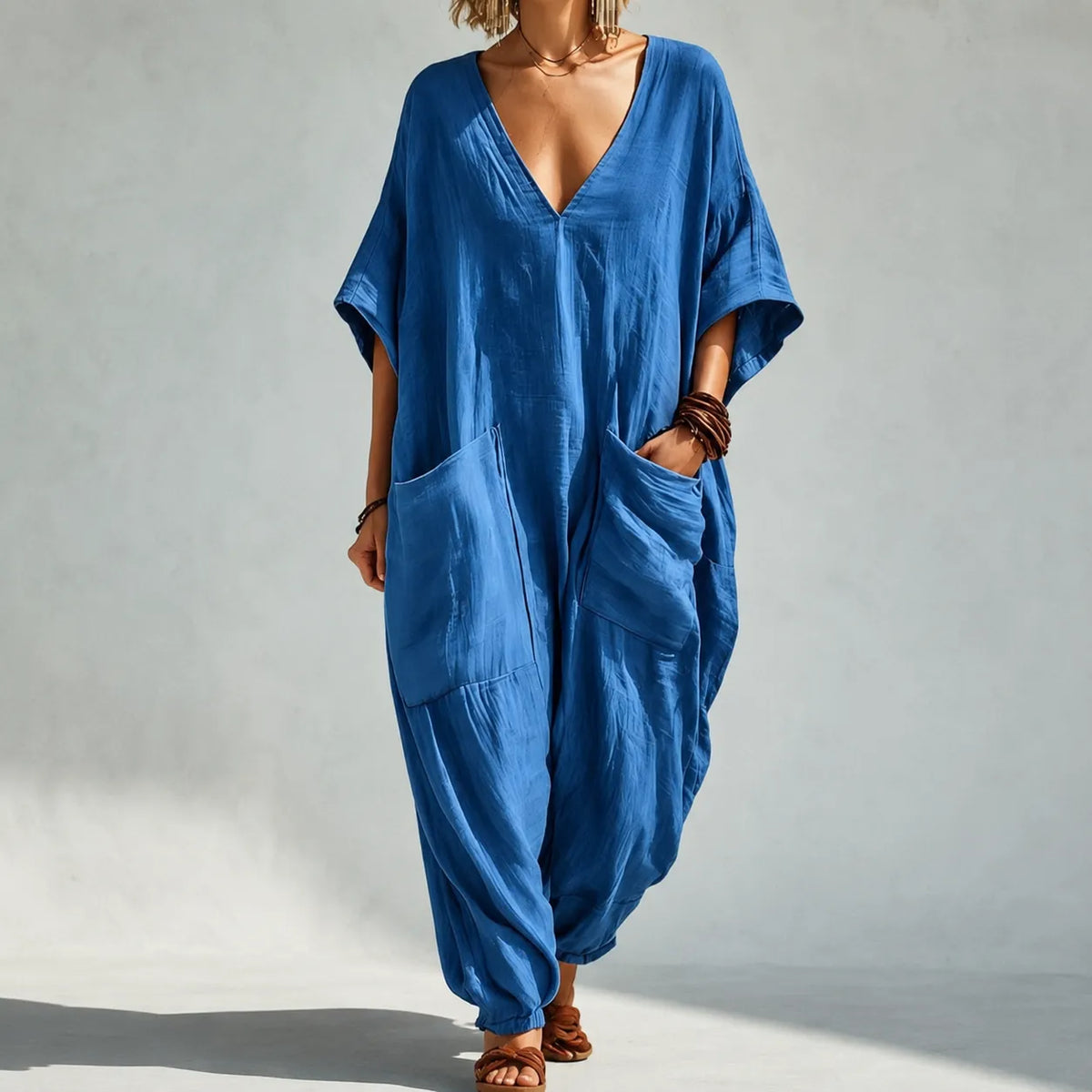 Solunya – Loose V-Neck Summer Jumpsuit with Deep Pockets, Batwing Sleeves, 6 Colors