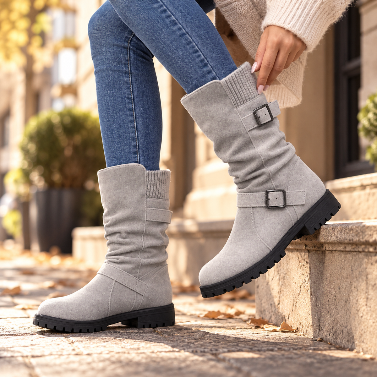 Slouchelle – Ribbed Cuff Slouch Mid-Calf Boots