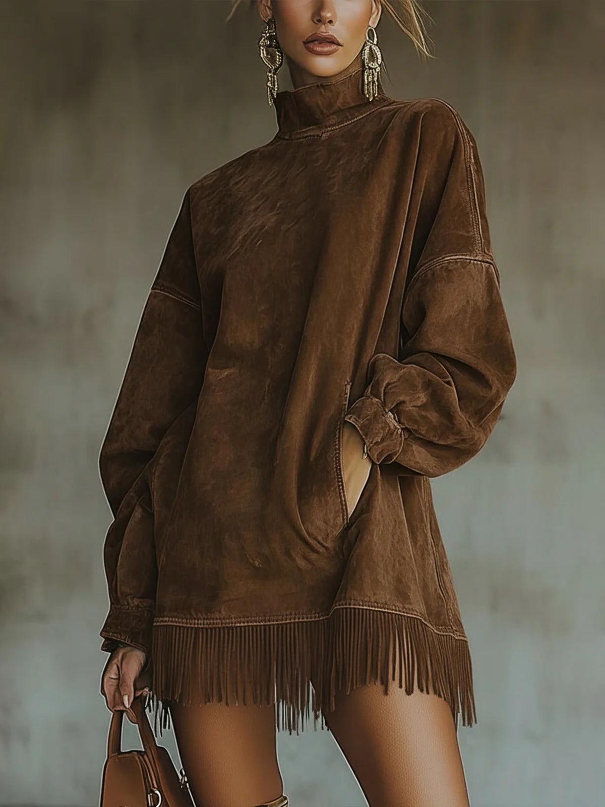 Gabrielle | Suede dress with high collar and fringes