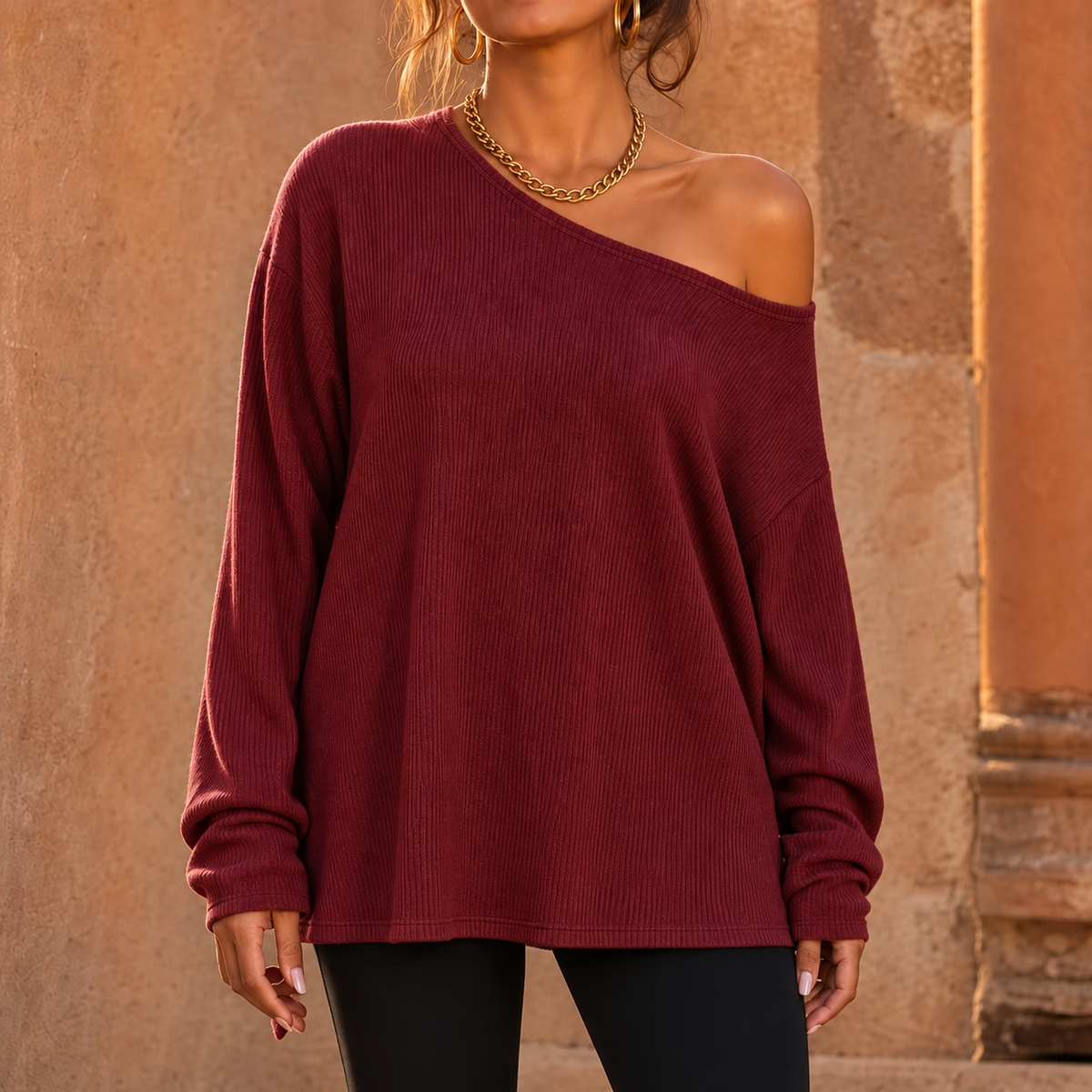 Veluna – Side-Slit Off-Shoulder Tunic Blouse