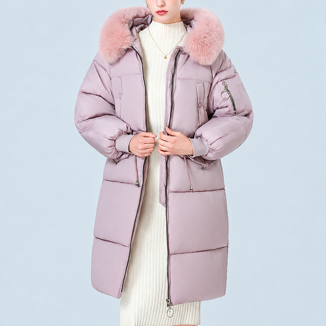 Veluna – Plush Hood Trim Mid-Long Padded Winter Coat