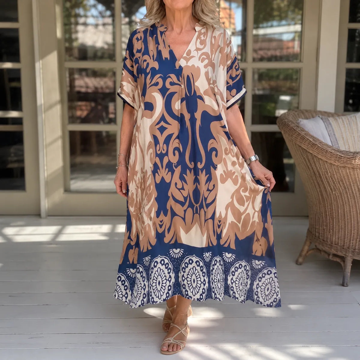 Marivelle – Coastal Damask V-Neck Loose Midi Dress for Women