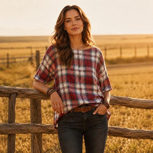 Wrenfield – Plaid Round Neck Blouse With Cuffed Sleeves for Women, Long Sleeve Fall Top