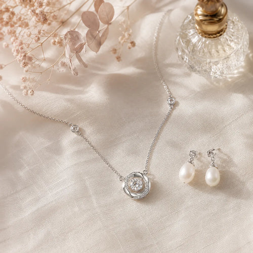 Lunavia – Floating Stone Silver Necklace With Pavé Halo, Gift for Her