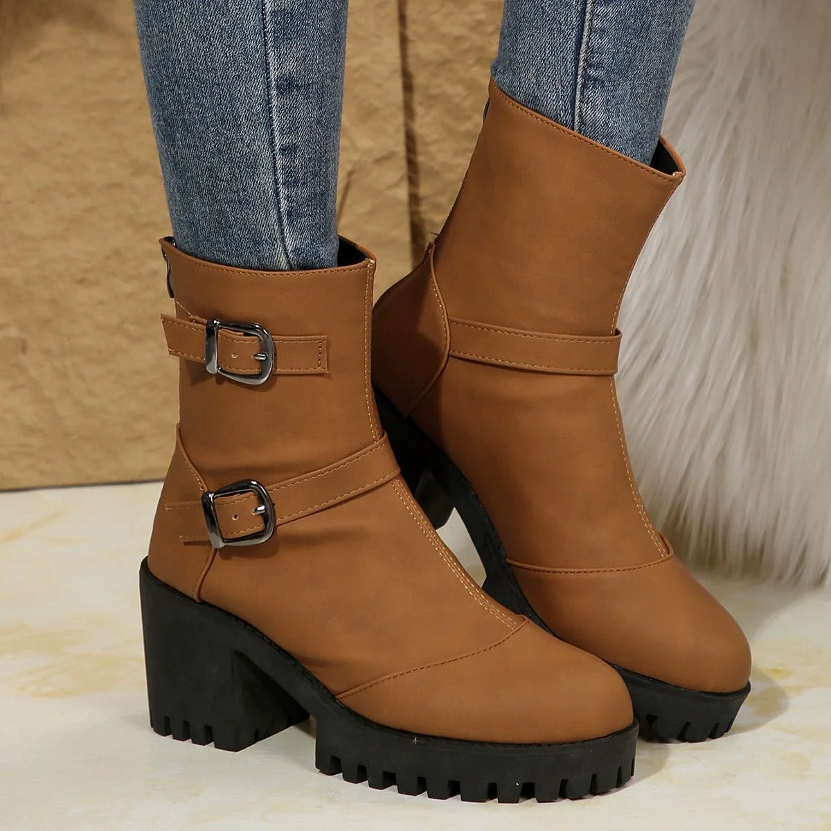 Buckle & Bloom – Double-Buckle Chunky-Heel Ankle Boots