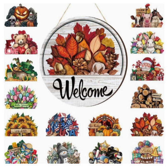 Seasonwell – Round Wooden Welcome Sign With Magnetic Icons