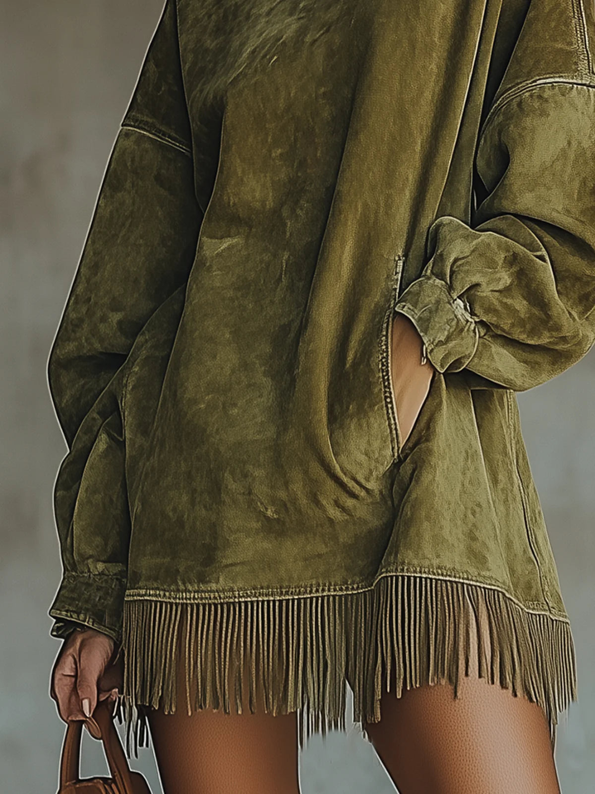 Gabrielle | Suede dress with high collar and fringes