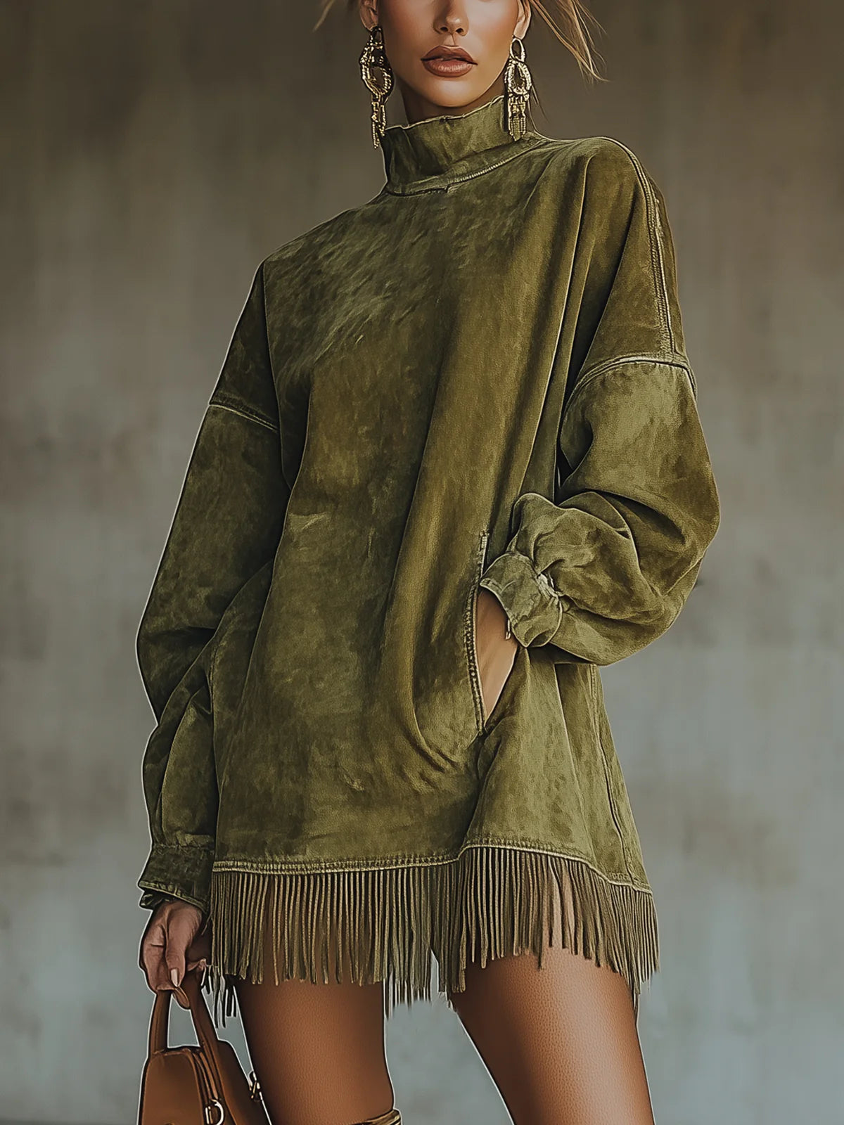 Gabrielle | Suede dress with high collar and fringes
