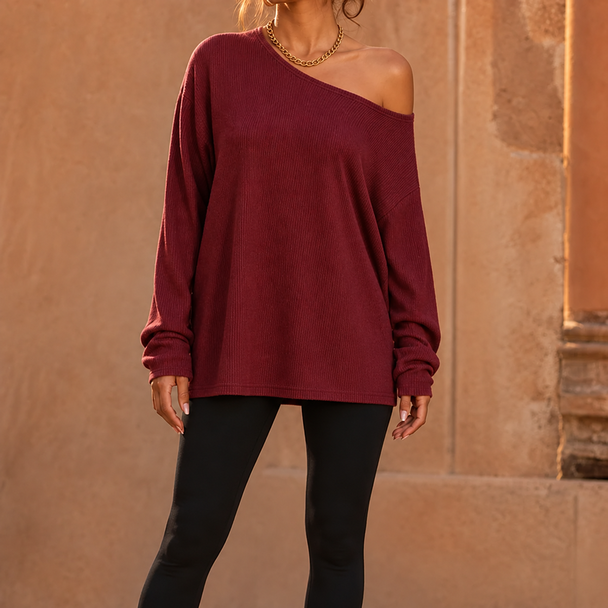 Veluna – Side-Slit Off-Shoulder Tunic Blouse