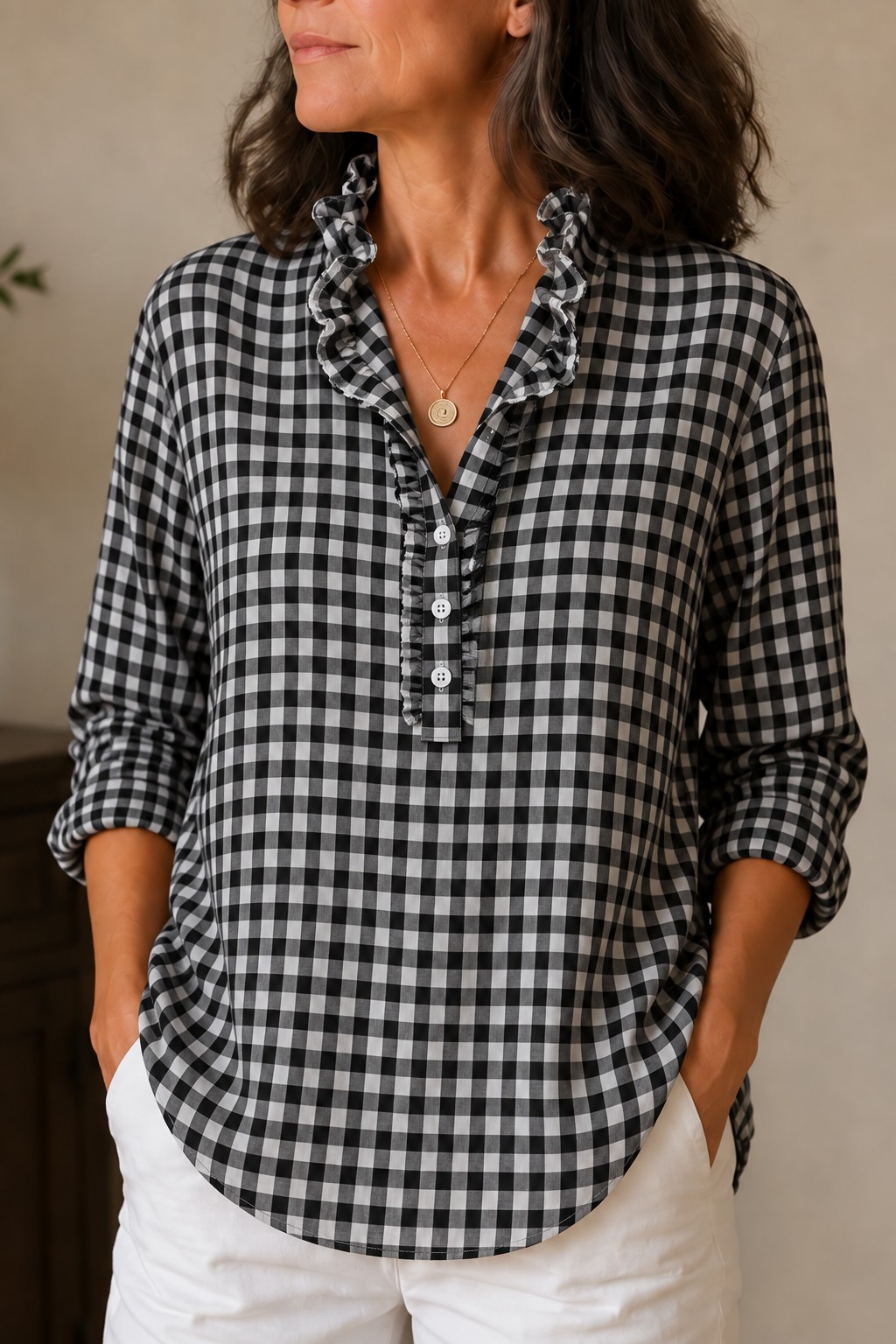 Rufina – Ruffled Collar Checked Print Blouse