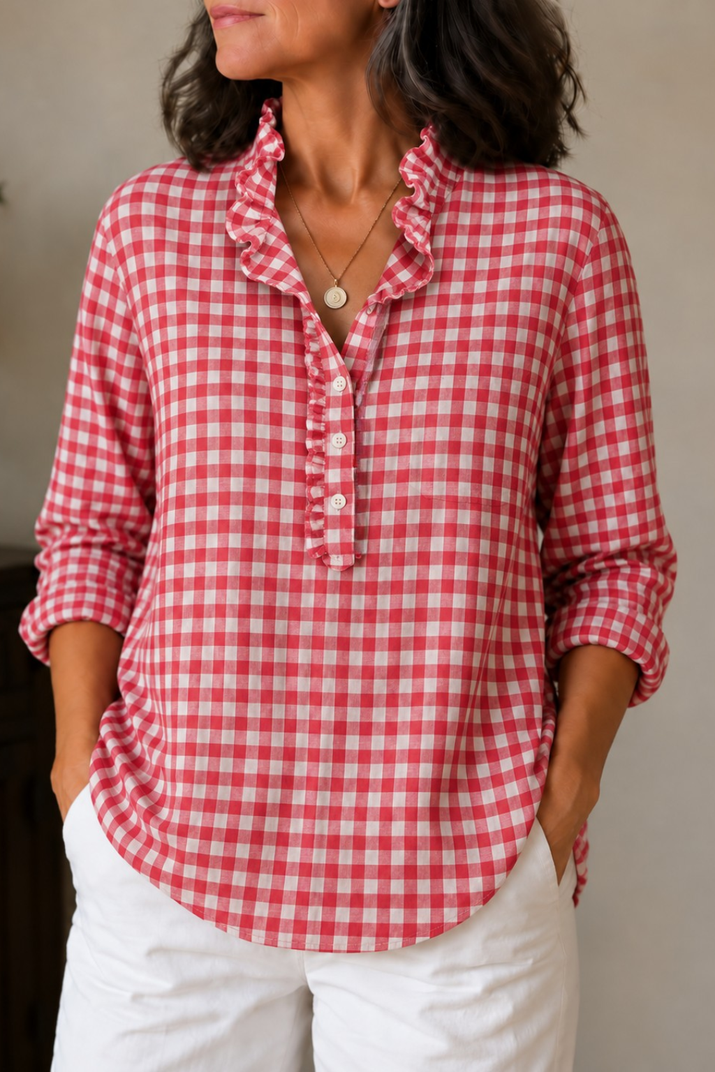 Rufina – Ruffled Collar Checked Print Blouse