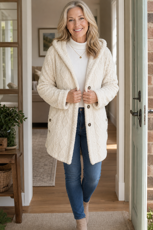 Wearbella – Cable-Knit Hooded Longline Coat for Women, Warm Winter Coat