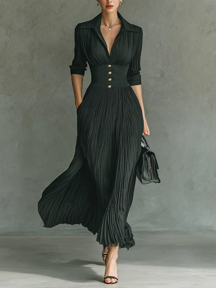Elvire | Long Pleated Dress with Lapels and High Waist