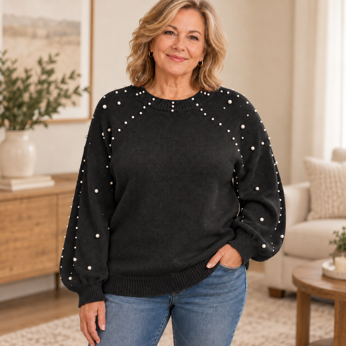 Pearla – Faux Pearl Sleeve Crew-Neck Sweater