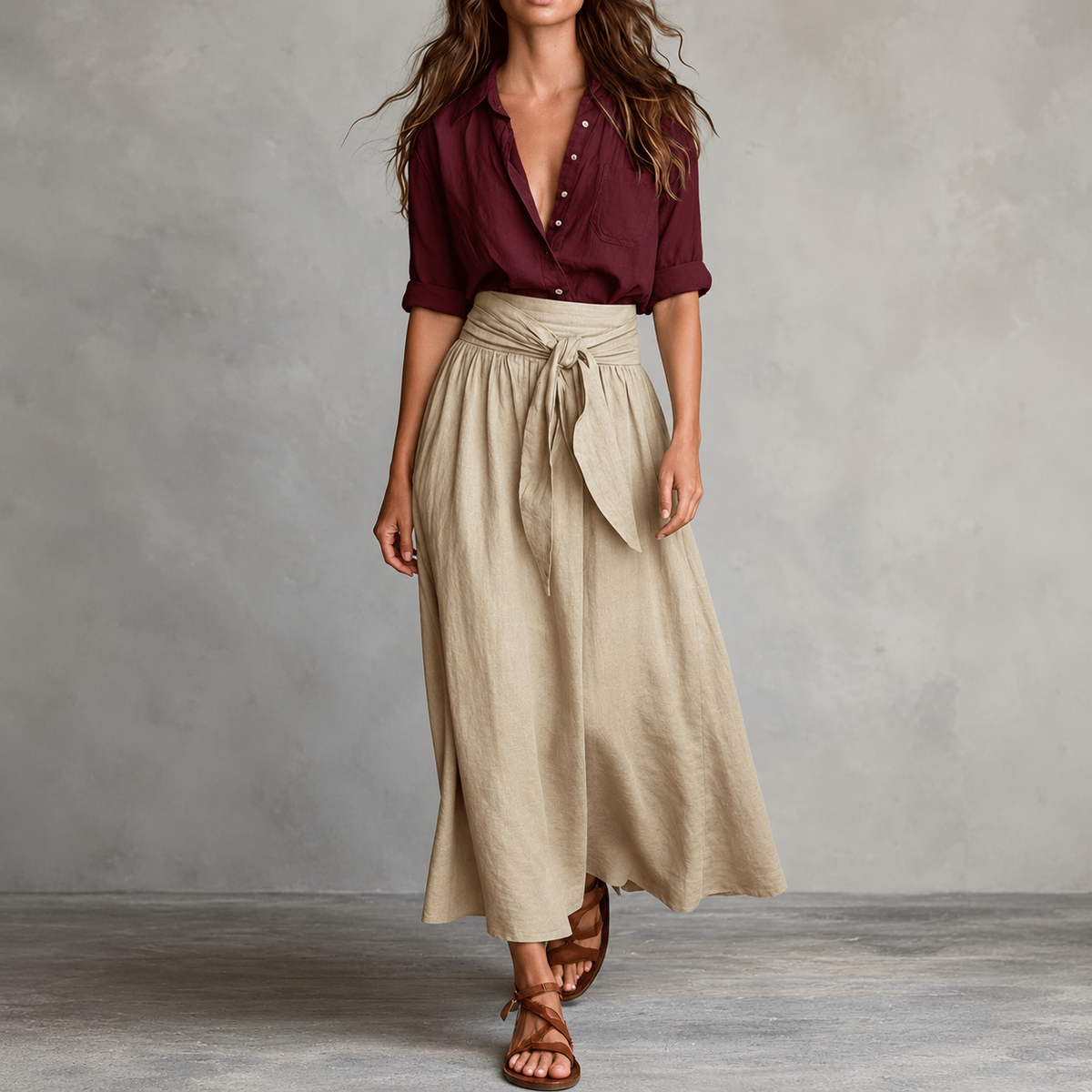 Olive & Onyx – Button Shirt And Tie-Waist Midi Skirt Set