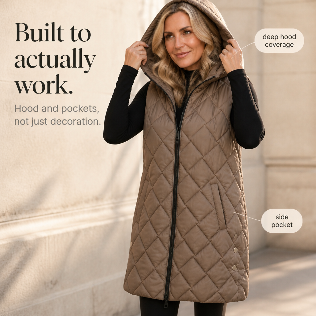 Quilted Ease – Square-Quilted Longline Hooded Vest