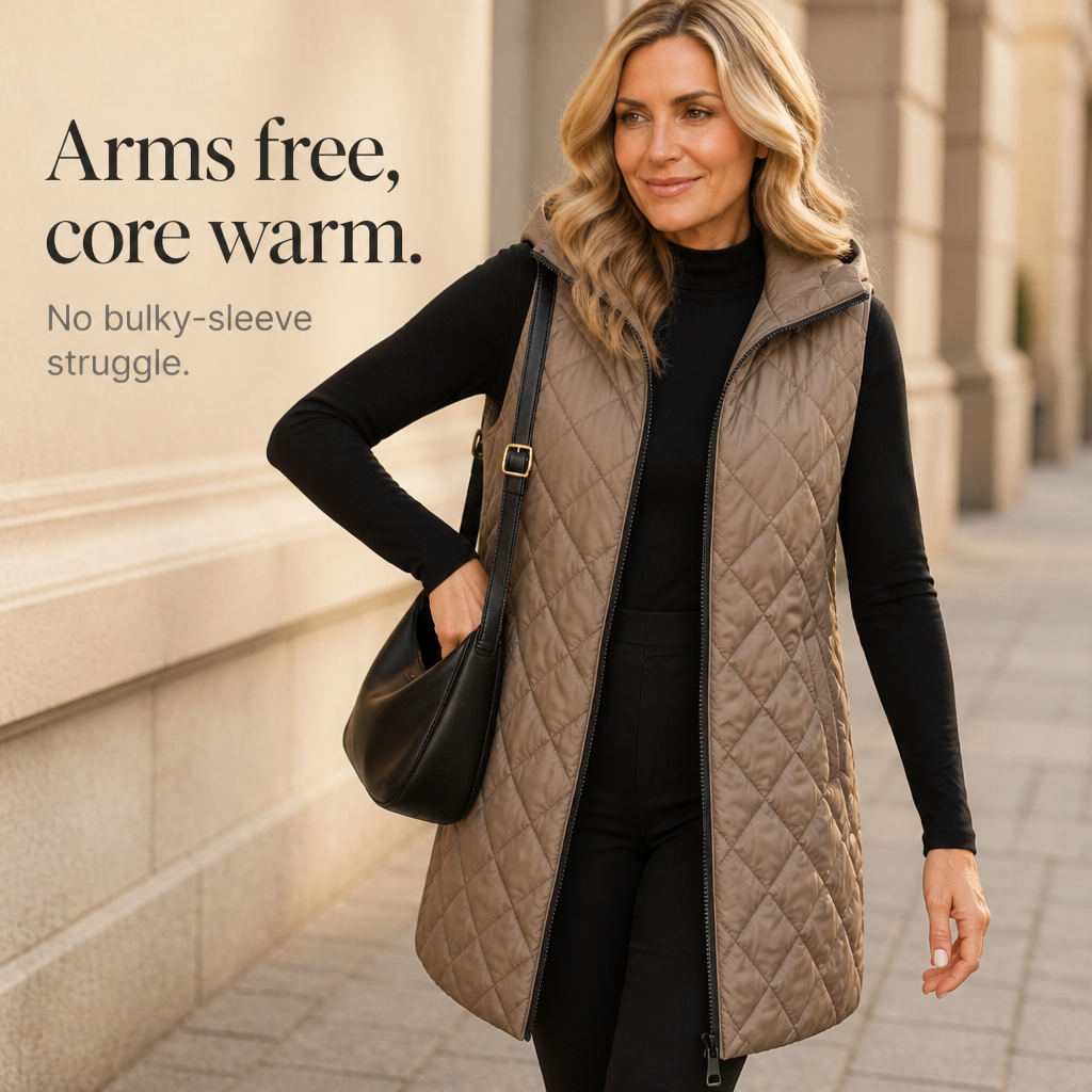 Quilted Ease – Square-Quilted Longline Hooded Vest
