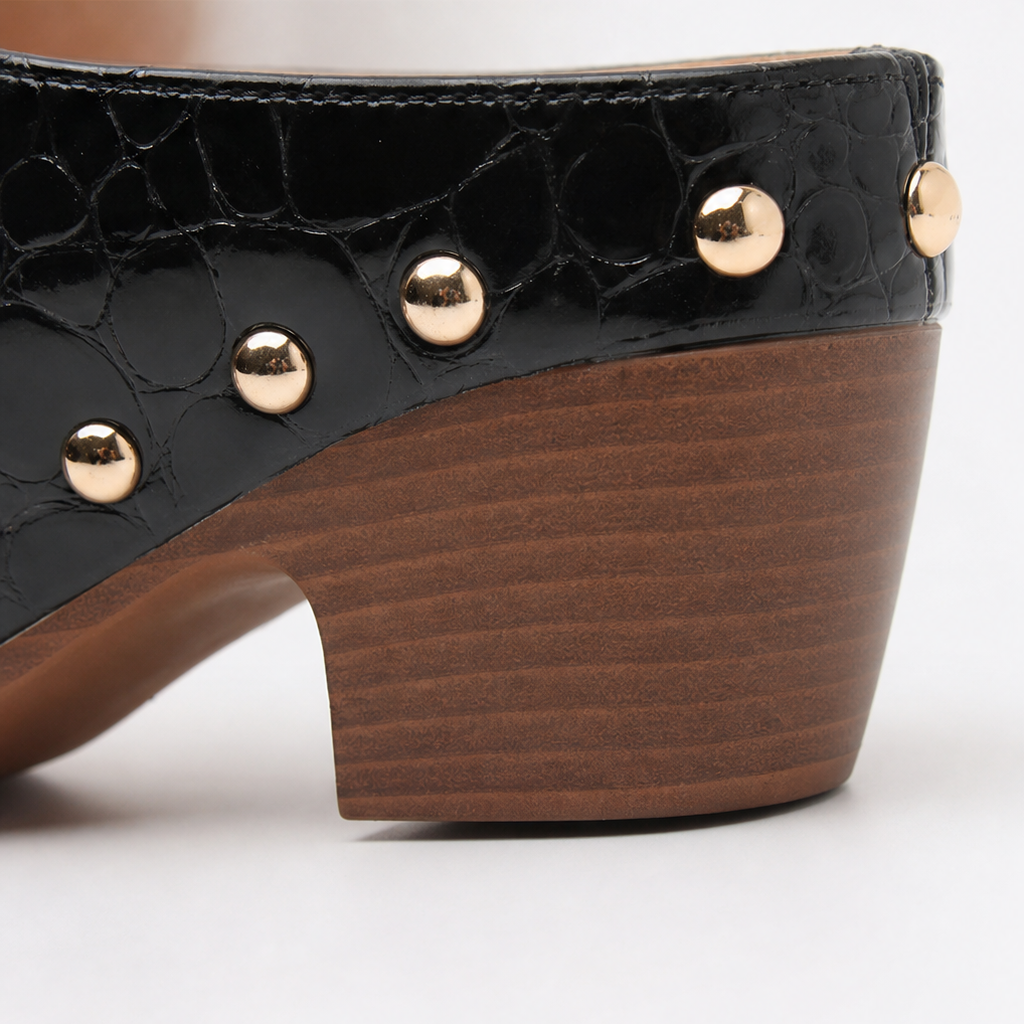 Ines Croc – Gold Dome Trim Croc-Embossed Clog Mules