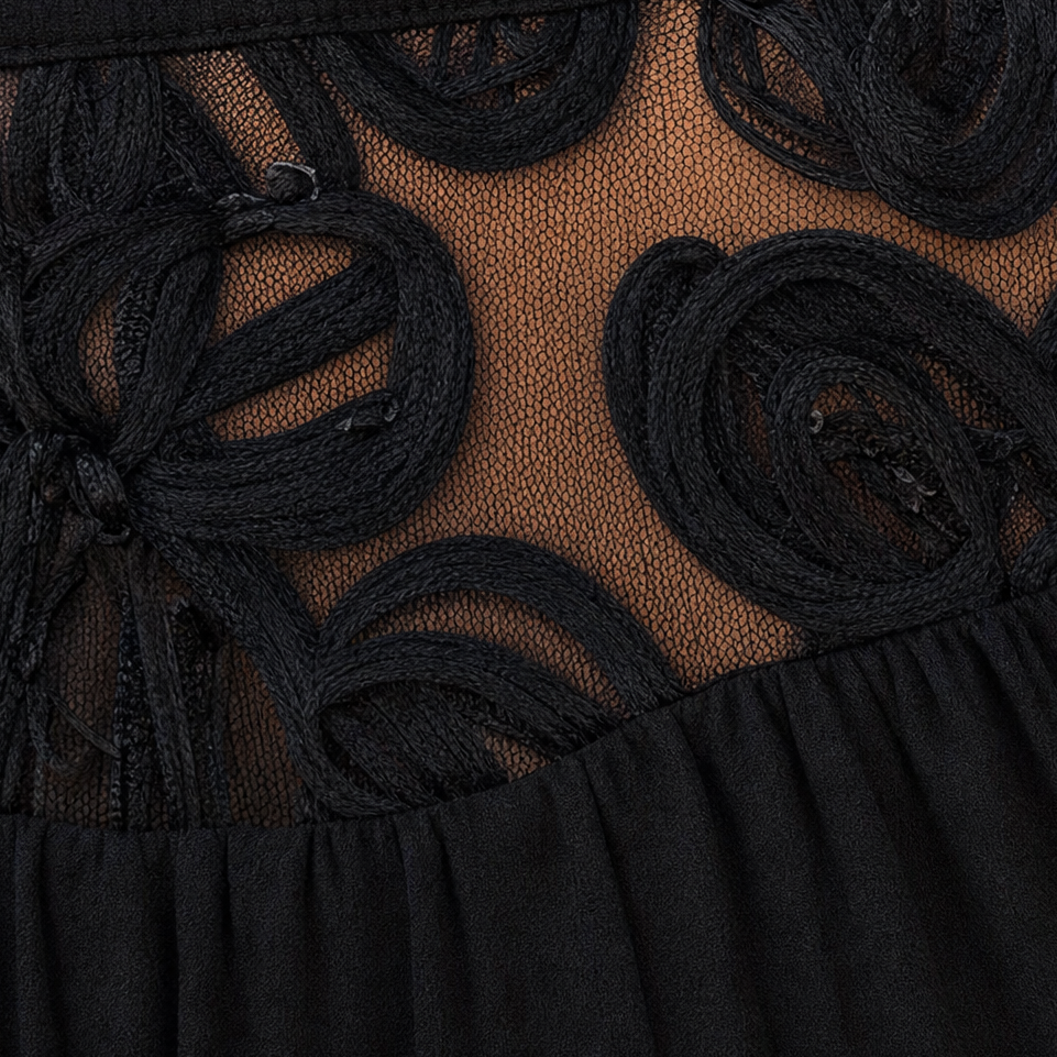 Florenza – Sheer Floral Lace-Yoke High-Neck Blouse