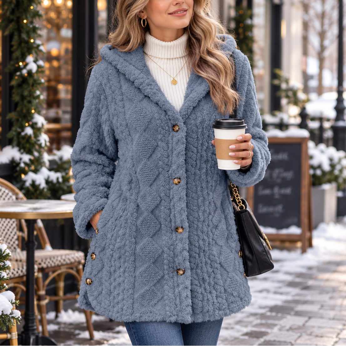 Hearth & Hood – Textured Hooded Button-Front Cardigan