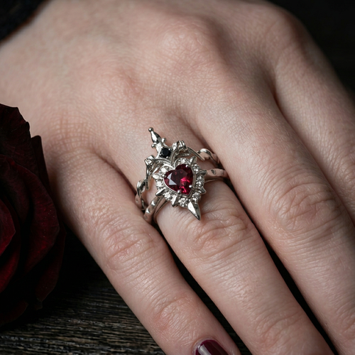 Noctelle – Pierced Heart Ring Set With Garnet Stone, Gift for Her