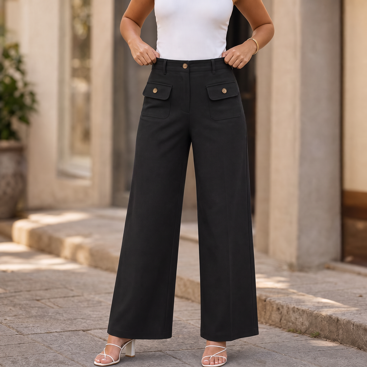 Wearbella – High-Waisted Buttoned Wide-Leg Trousers