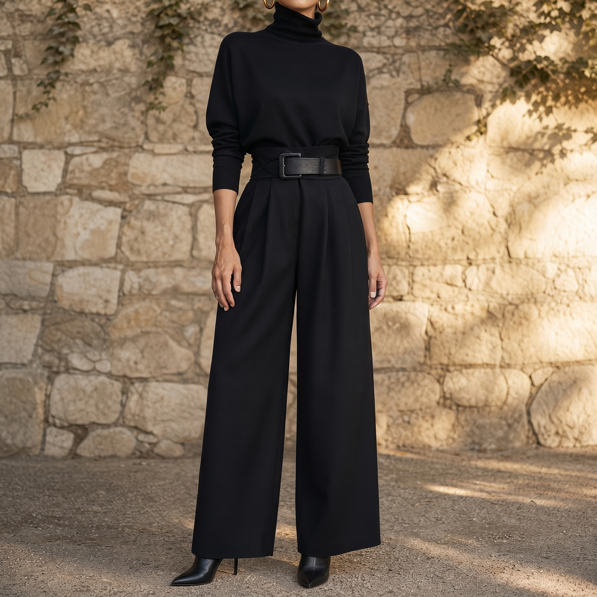 Poisevera – Belted High-Waist Turtleneck And Trouser Set