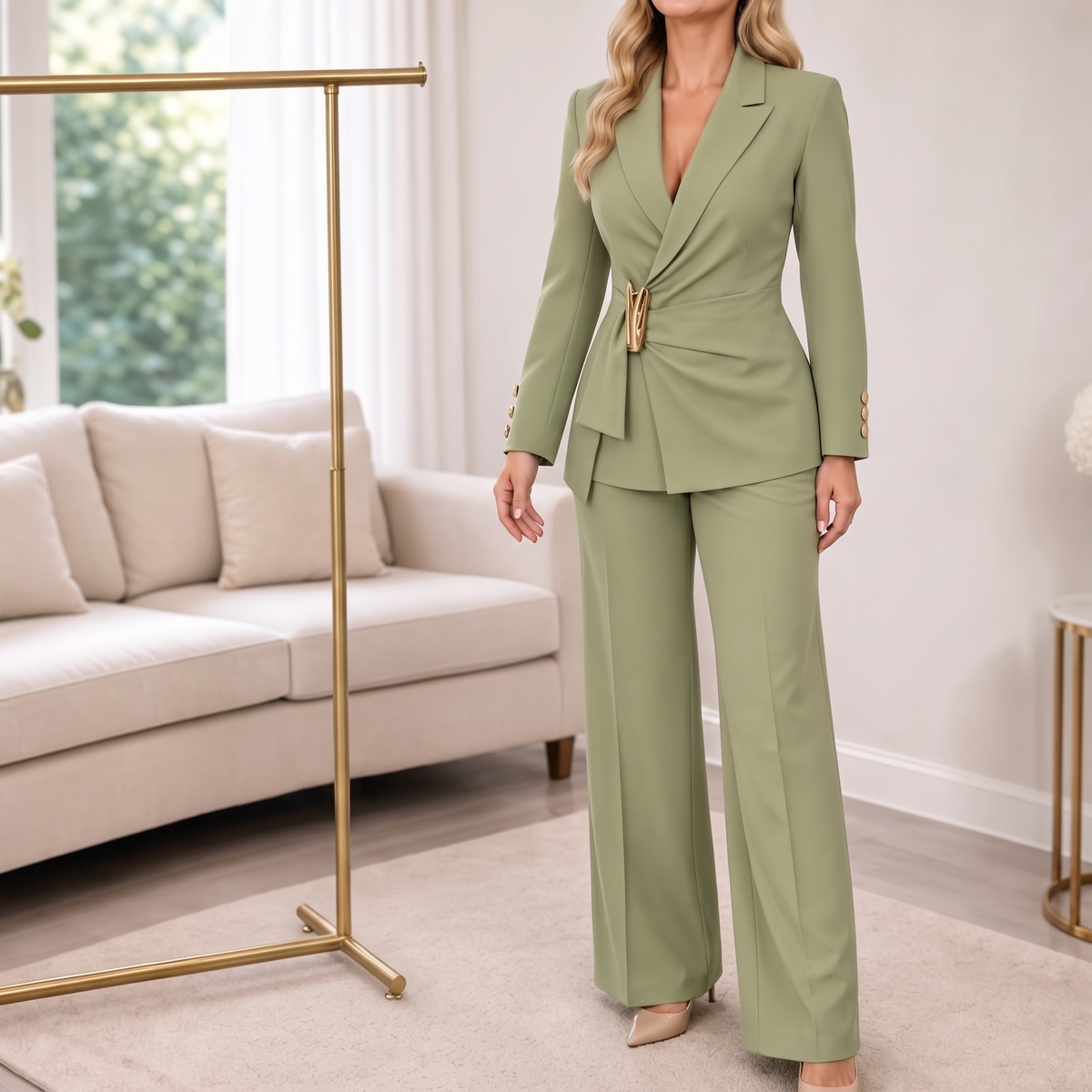Poise & Form – Twisted Buckle-Waist Wide-Leg Trouser Set