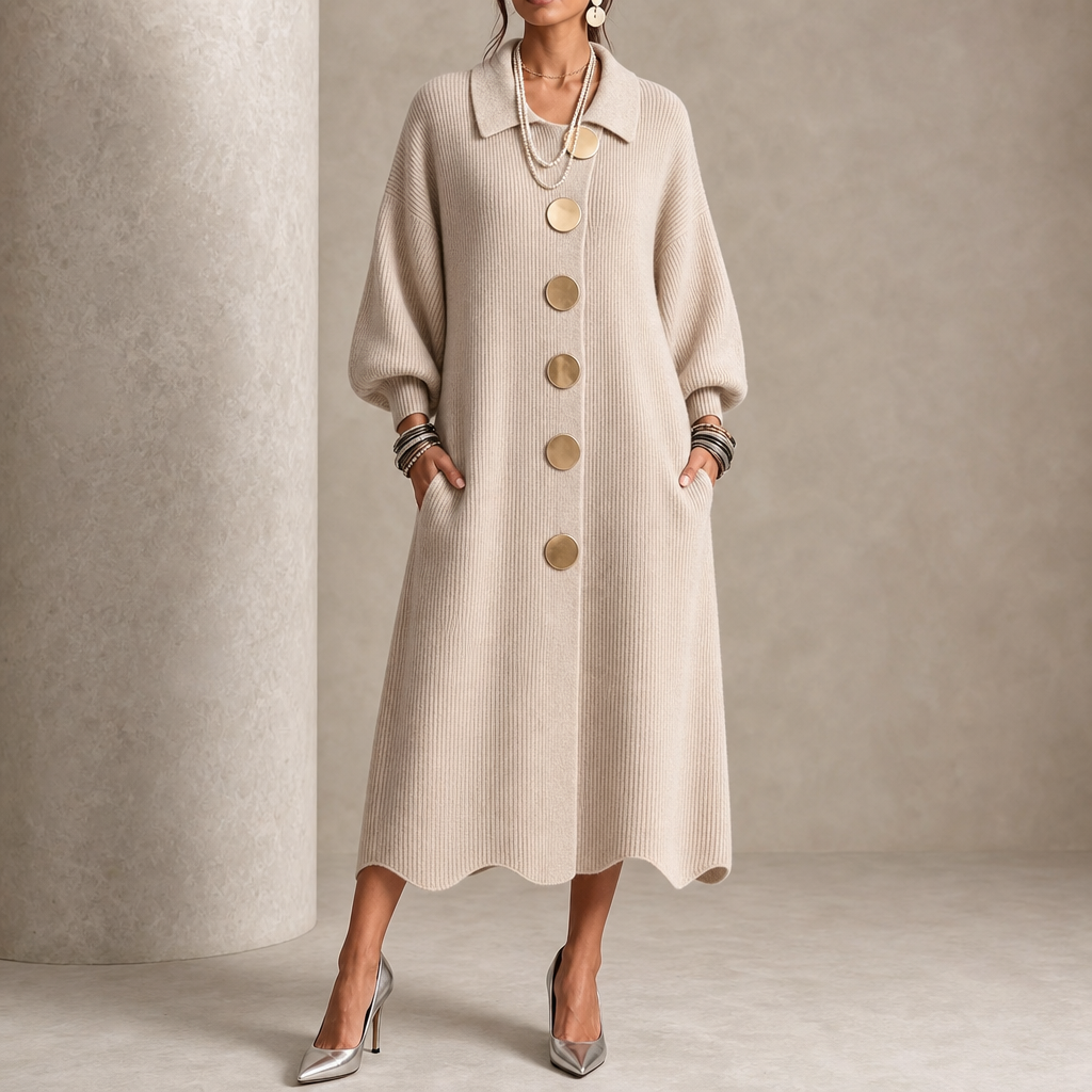 Vivelyn – Gold Button Ribbed Lantern Sleeve Maxi Dress