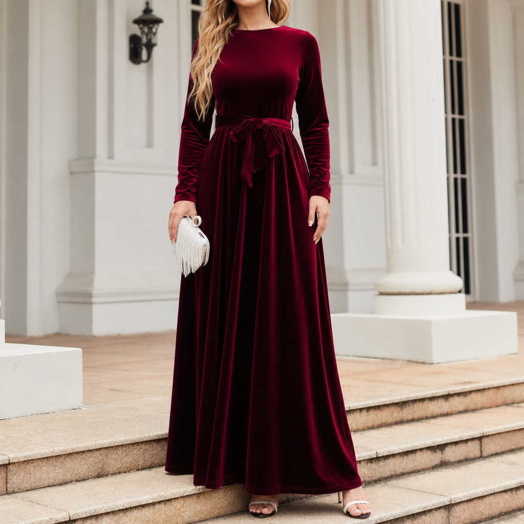 Velvora – Belted Velvet Look A-Line Maxi Dress for Women, Holiday Party Dress