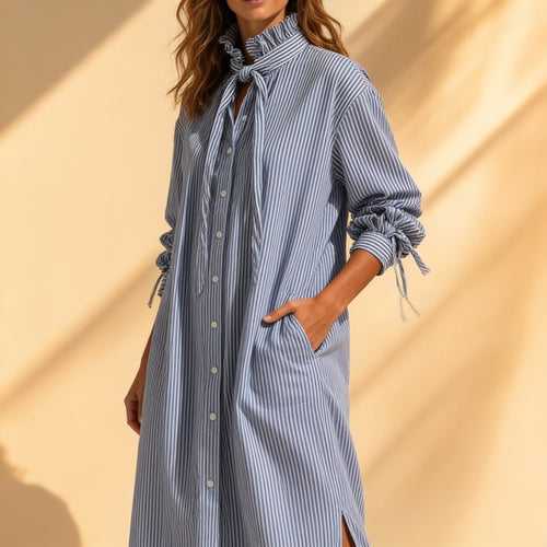 Verlyn – Striped Ruffle-Neck Long-Sleeve Midi Dress for Women, Fall Dress