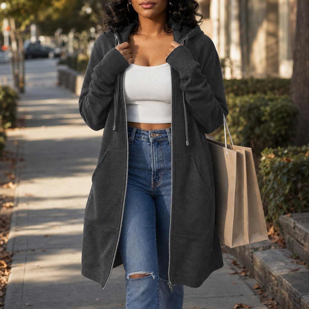 Cozyline – Fleece-Lined Tunic-Length Zip-Up Hoodie