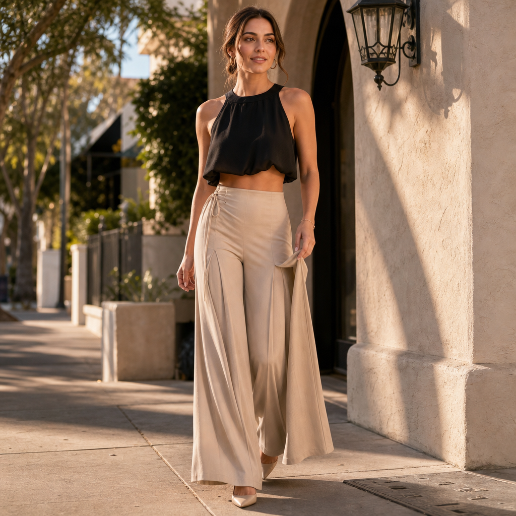 Vela – Asymmetric Draped Front High-Waisted Wide-Leg Trousers