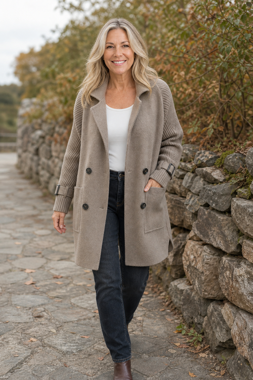 Isola – Cable-Knit Sleeve Double-Breasted Longline Coat for Women, Warm Winter Coat