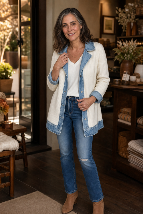 Wearbella – Denim-Look Spliced Ribbed Knit Coat for Women, Warm Winter Coat