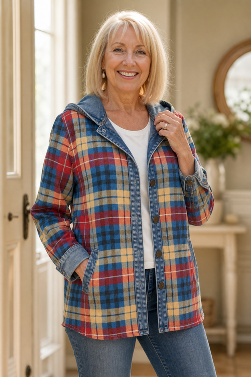 Havelyn – Denim-Trim Hooded Knit Cardigan for Women, Cozy Fall Layer