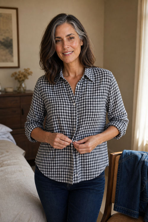 Everwear – Checkered Long-Sleeve Button-Up Shirt for Women, Fall Top