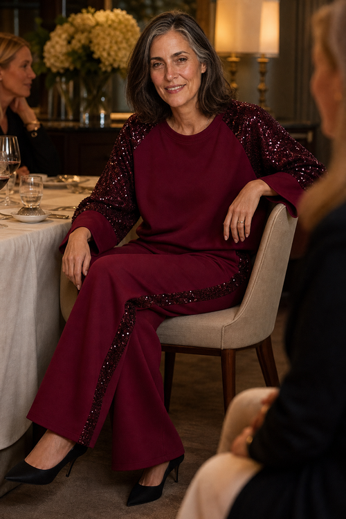 Sneakglow – Sequined Wide-Leg Sweater And Pants Set for Women, Matching Fall Outfit