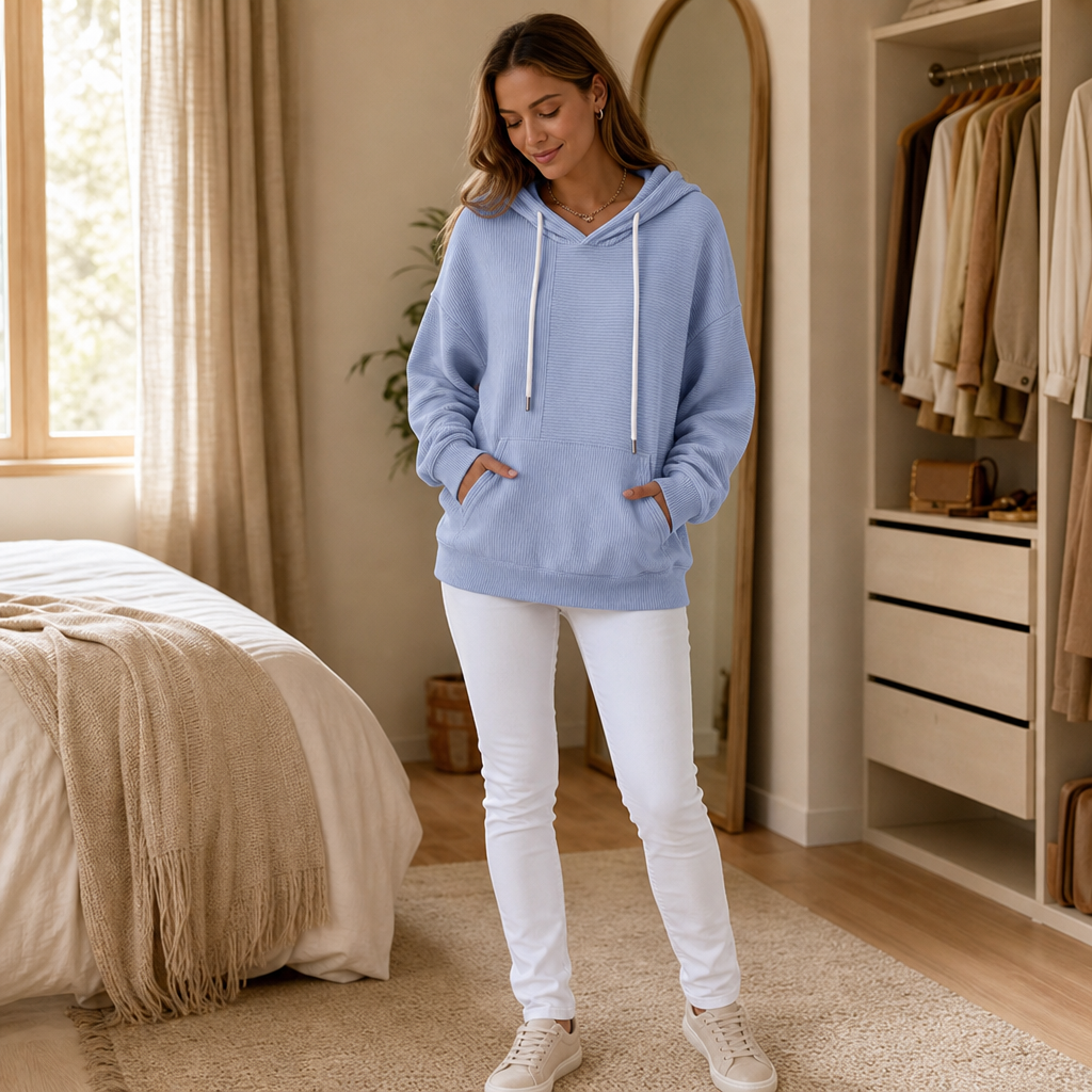 Ribelle – Powder Blue Ribbed Knit Pullover Hoodie