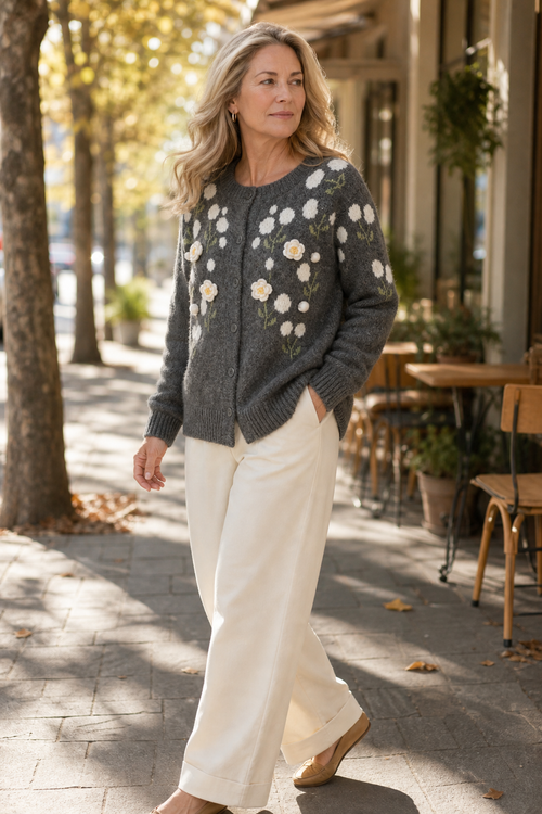 Meadowlin – Floral Knit Open-Front Cardigan for Women, Cozy Fall Layer