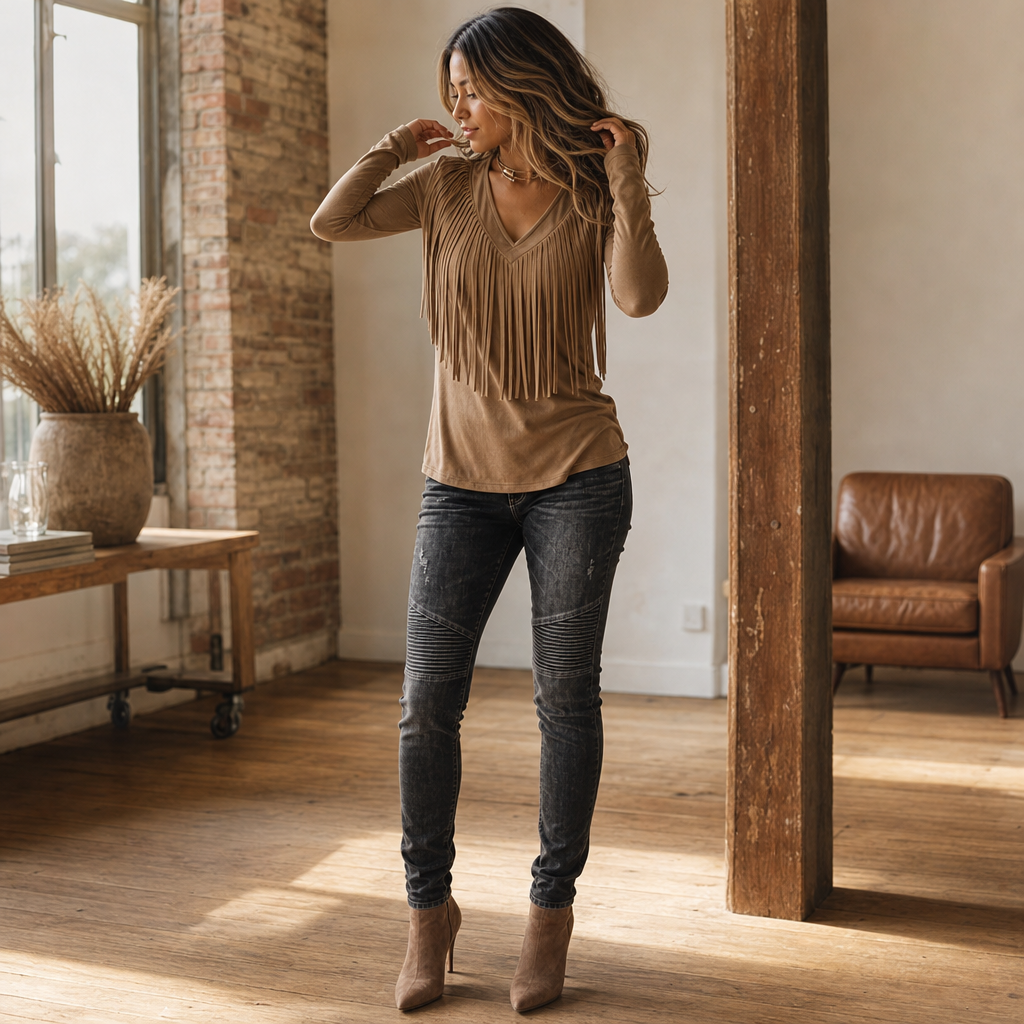 Vela Fringe – Quilted V-Neck Cascading Fringe Top