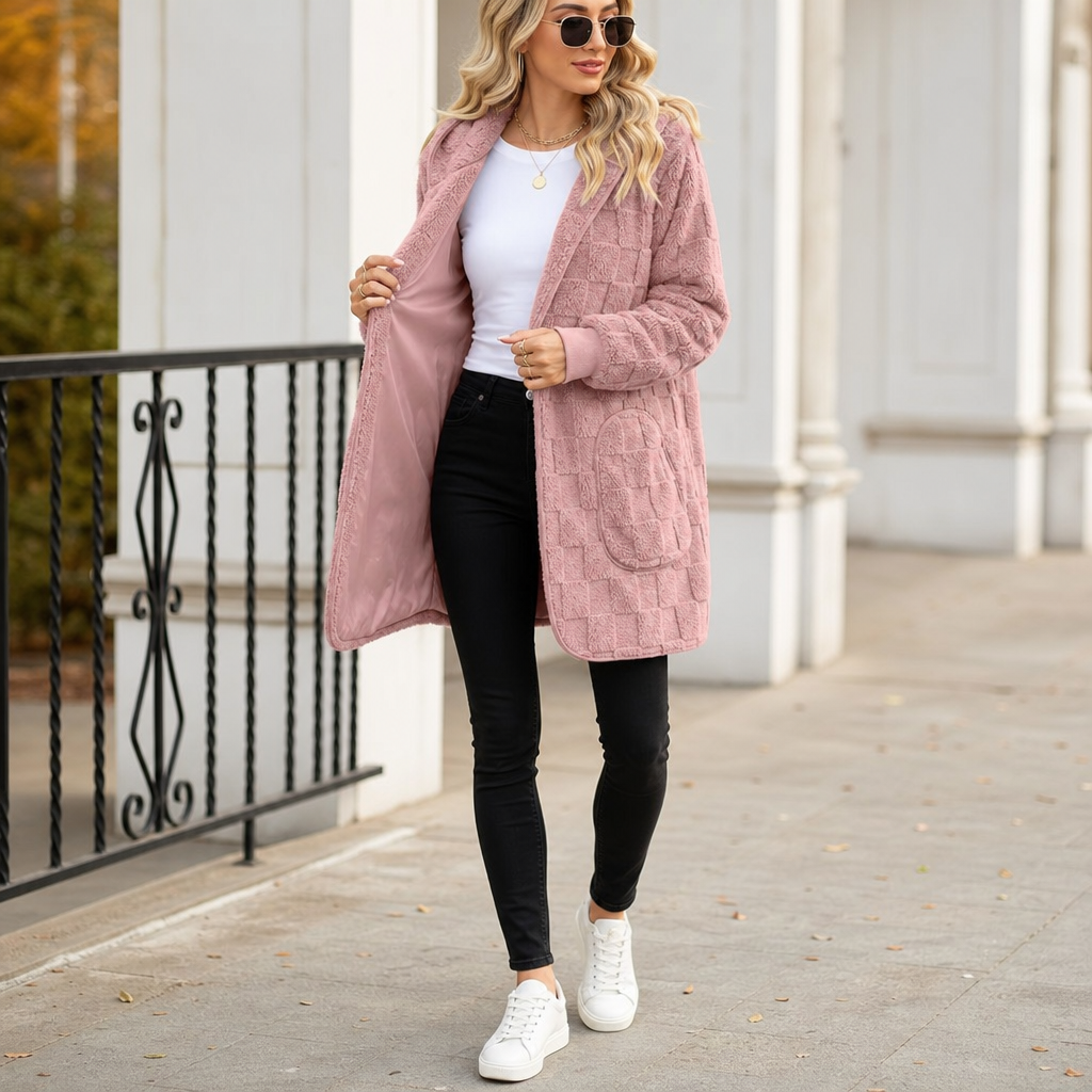 Checkora – Fluffy Checked Open-Front Cardigan