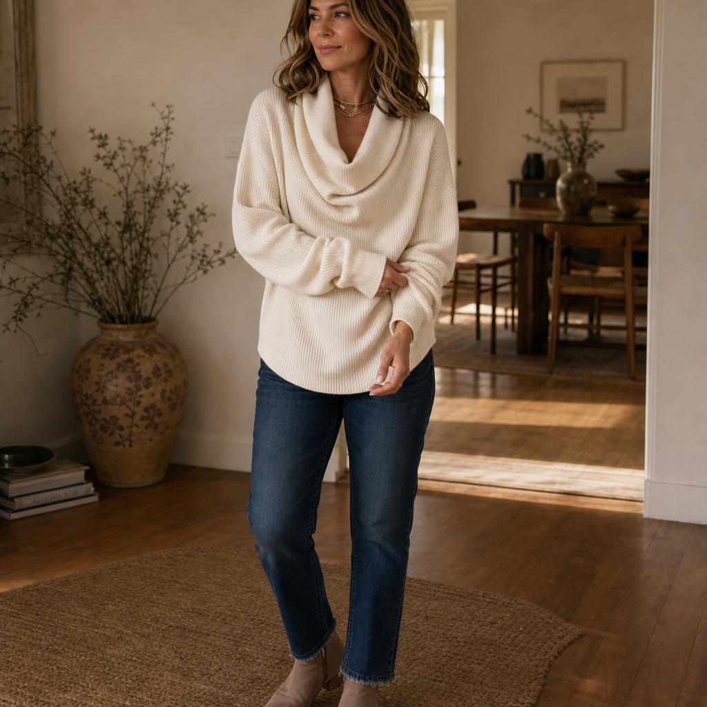 Ribella – Ribbed Draped Cowl-Neck Knit Top