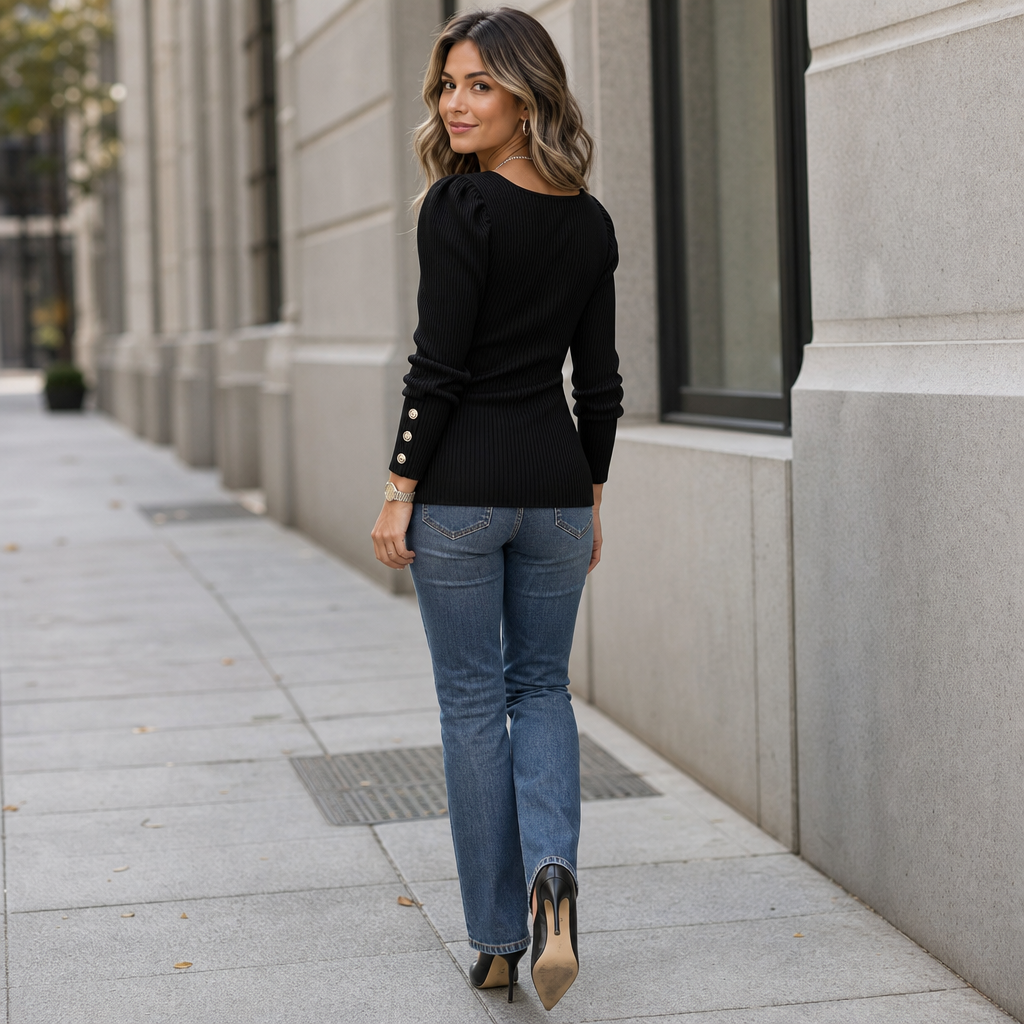 Square - Neck Puff-Sleeve Fitted Knit Top With Gold Cuff Buttons