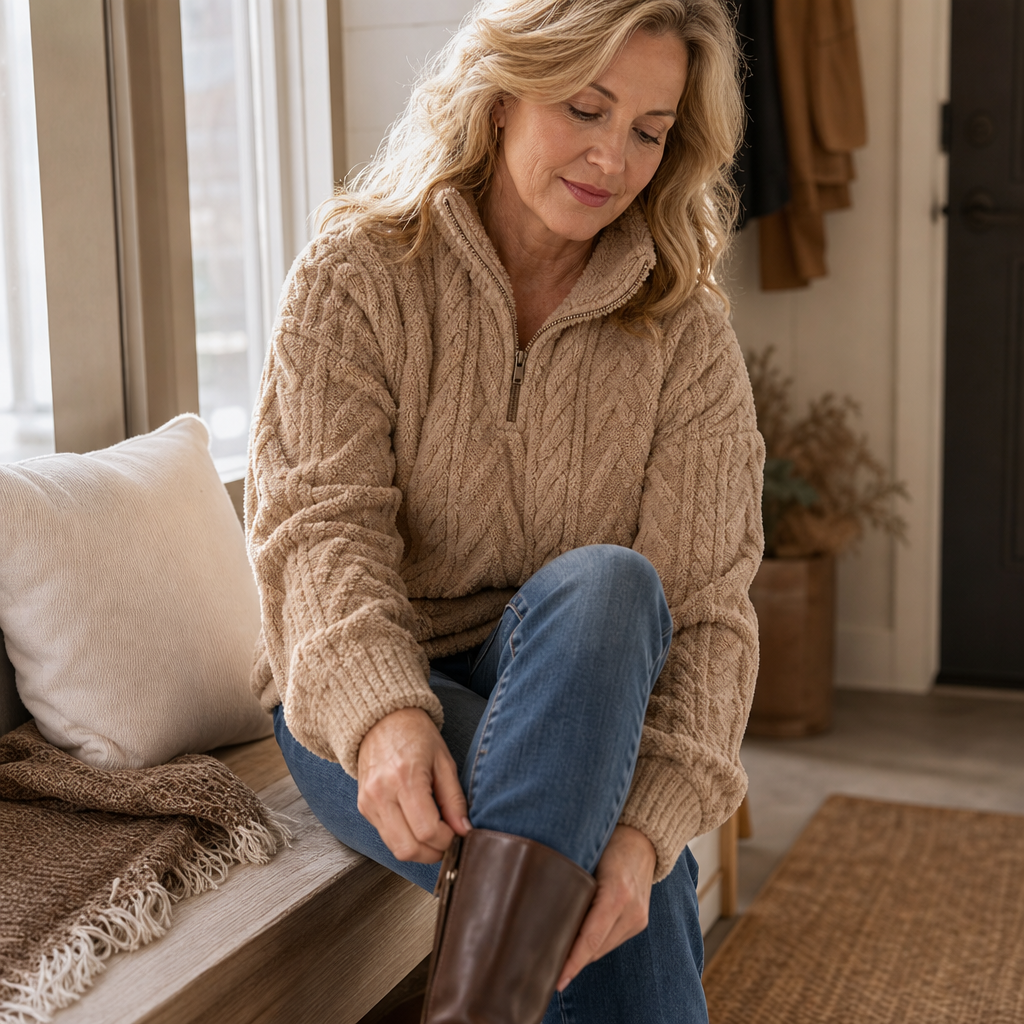 Cable & Cozy – Cable-Knit Quarter-Zip Pullover