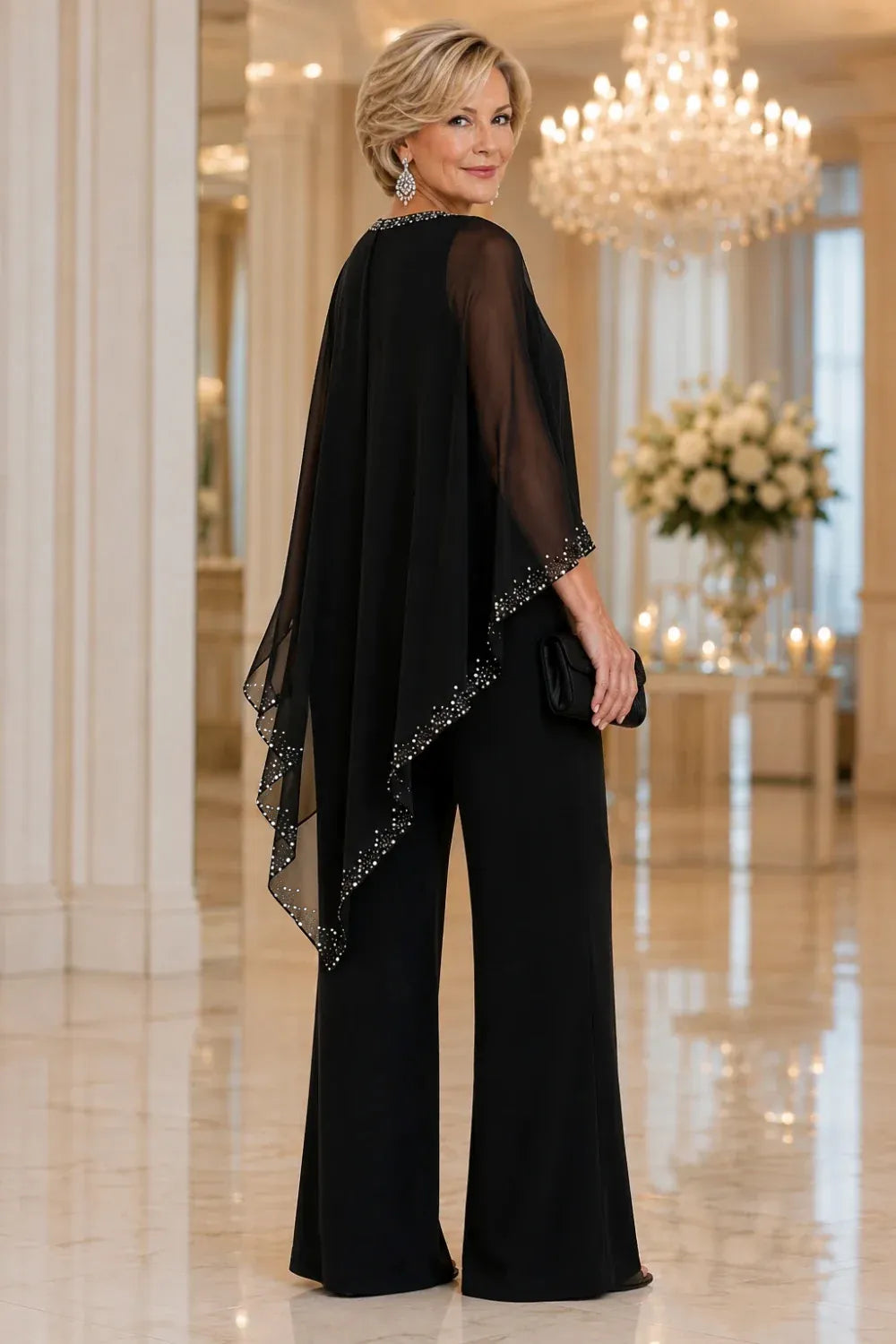 Pantsuit with chiffon cape with beads and wide legs