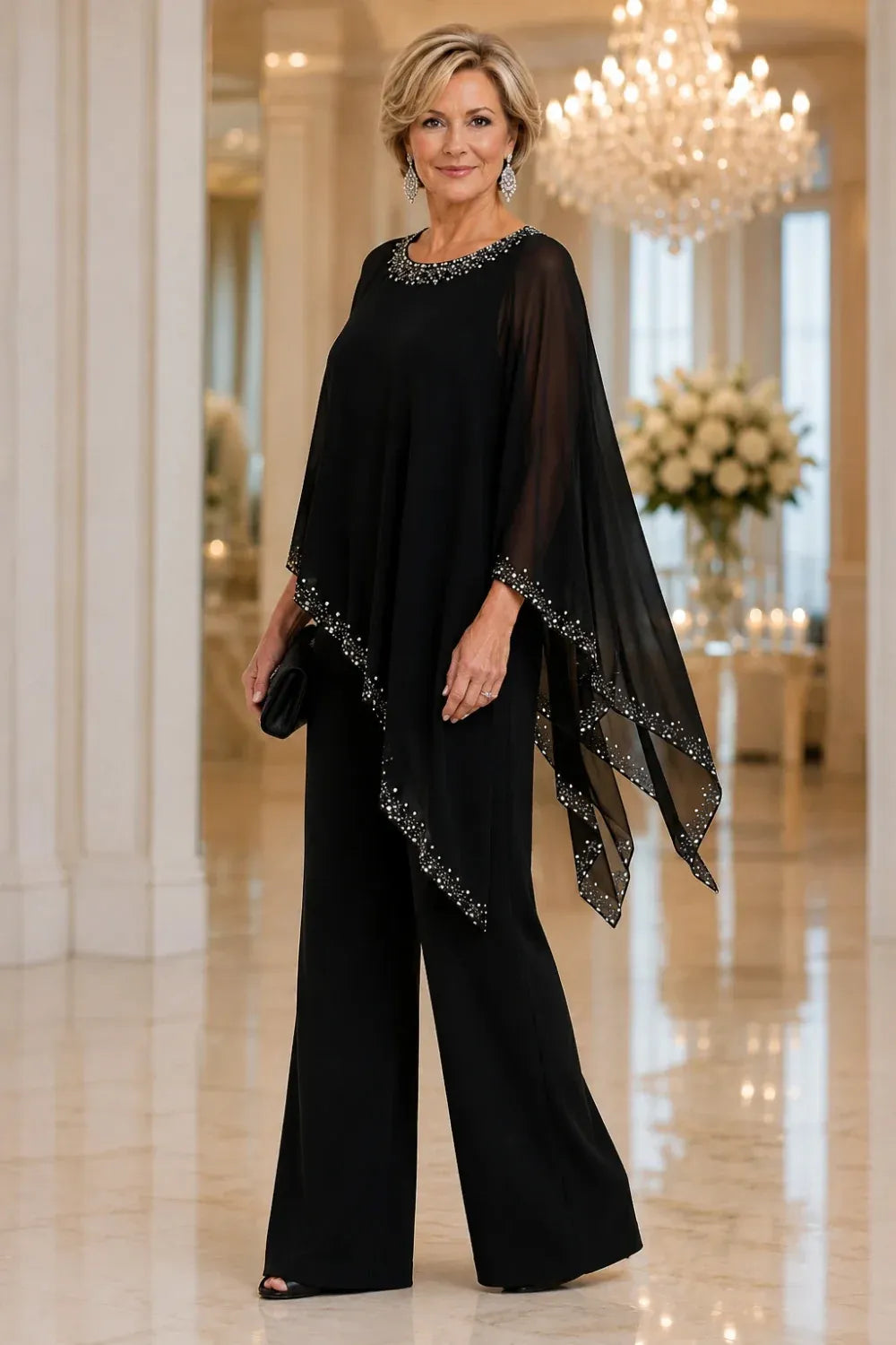 Pantsuit with chiffon cape with beads and wide legs