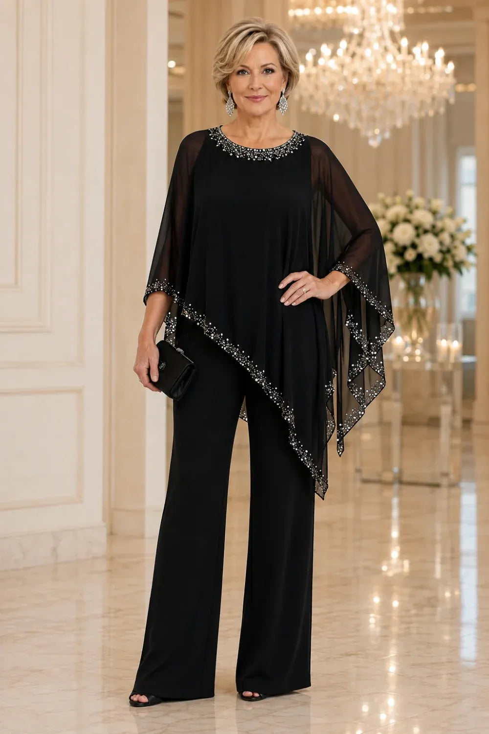 Pantsuit with chiffon cape with beads and wide legs