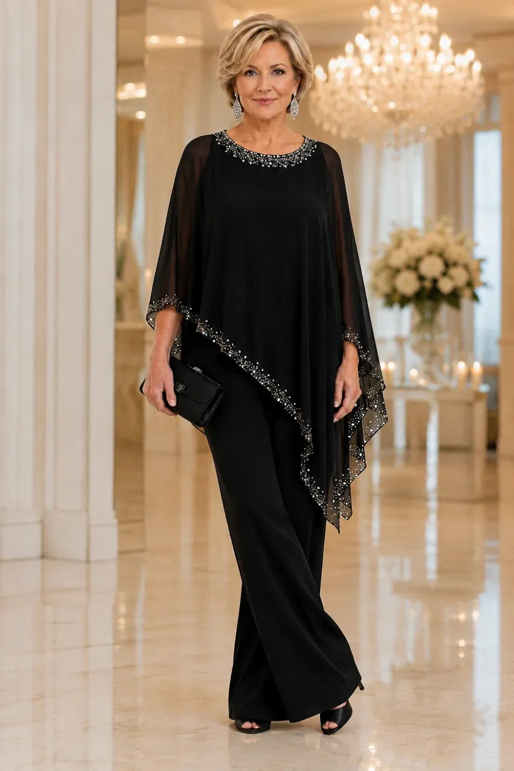 Pantsuit with chiffon cape with beads and wide legs
