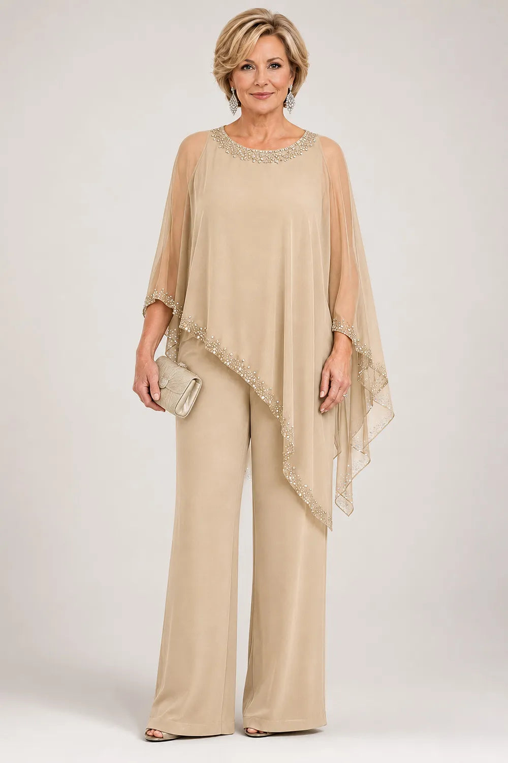 Pantsuit with chiffon cape with beads and wide legs